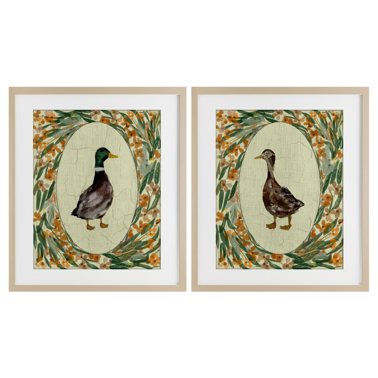 Stupell Industries Country Floral Duck Portraits 2pc Framed Print Under Glass Set, design by Yen